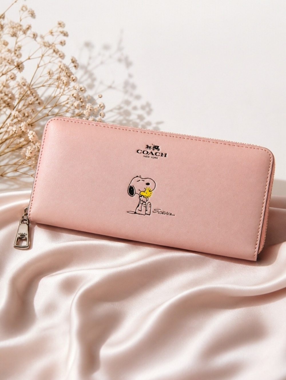 RARE Coach x Peanuts Snoopy Woodstock Pink Leather Zip Around Wallet NWOT Set